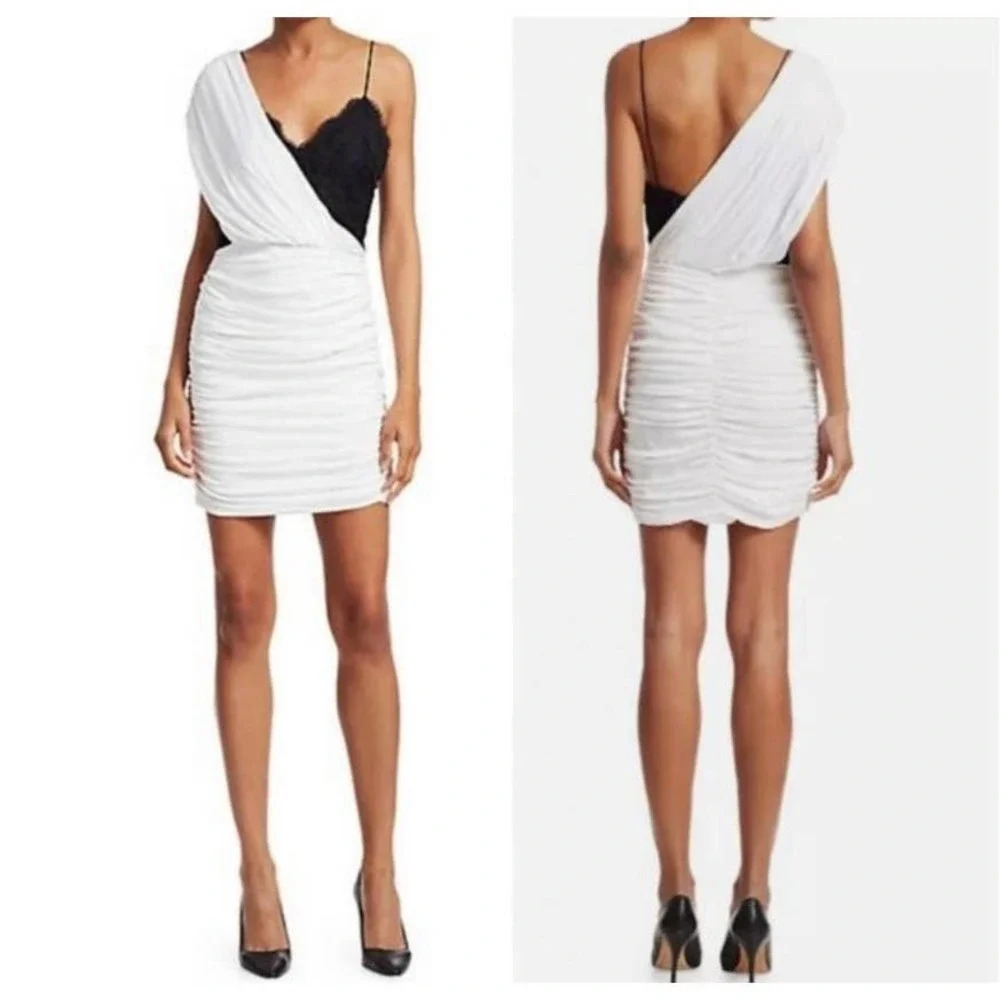 Alice + Olivia Bianca Mini Dress‎ Ruched One-Shoulder Silk White Black Size 6